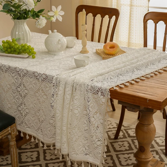 Alt view image 5 of 7 - Cotton Linen Look Tablecloth Rectangle 86 Inch, Farmhouse Textured Tablecloth with Crochet Lace and Tassels, Vintage Table Cover for Dining Kitchen Wedding Party 60"x60"