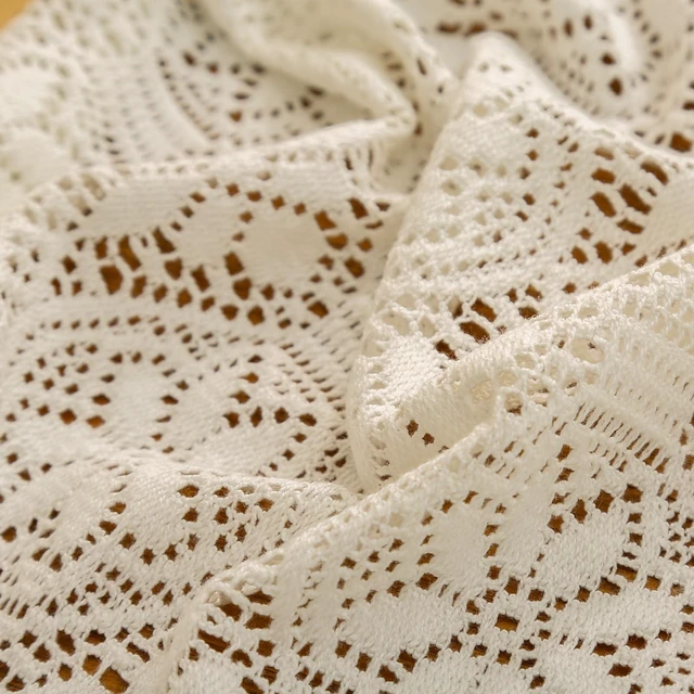 Alt view image 7 of 7 - Cotton Linen Look Tablecloth Rectangle 86 Inch, Farmhouse Textured Tablecloth with Crochet Lace and Tassels, Vintage Table Cover for Dining Kitchen Wedding Party 60"x60"