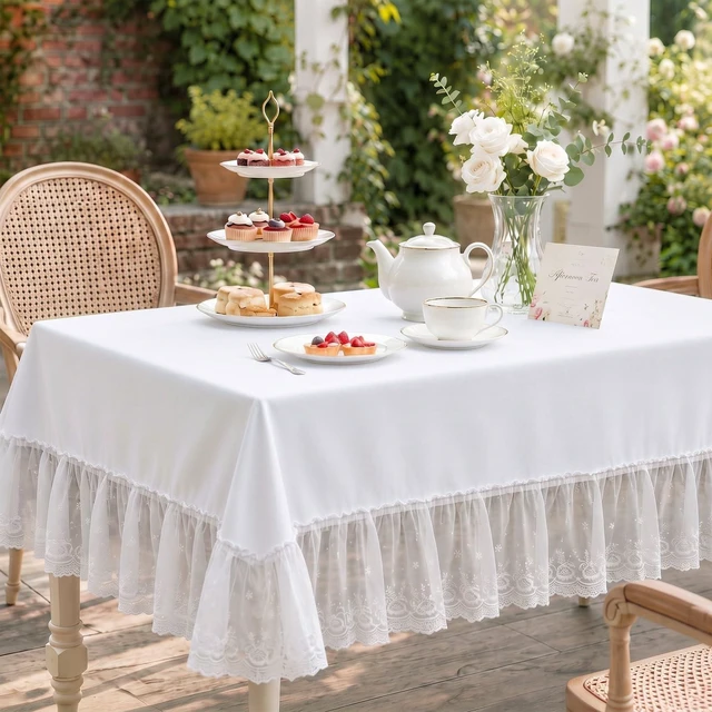 Main image of White Lace Ruffle Tablecloth with Attached Skirt, 52 x 70 in, Small Tables | Recommended Tabletop 28 Inches Wide and 31 to 46 Inches Long, Polyester Top, Floral Embroidery, Wedding and Tea Party Decor