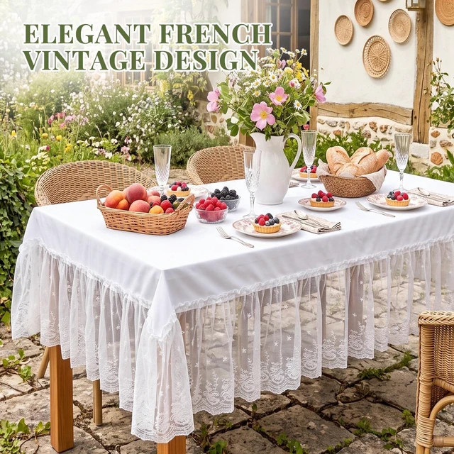 Alt view image 2 of 7 - White Lace Ruffle Tablecloth with Attached Skirt, 52 x 70 in, Small Tables | Recommended Tabletop 28 Inches Wide and 31 to 46 Inches Long, Polyester Top, Floral Embroidery, Wedding and Tea Party Decor