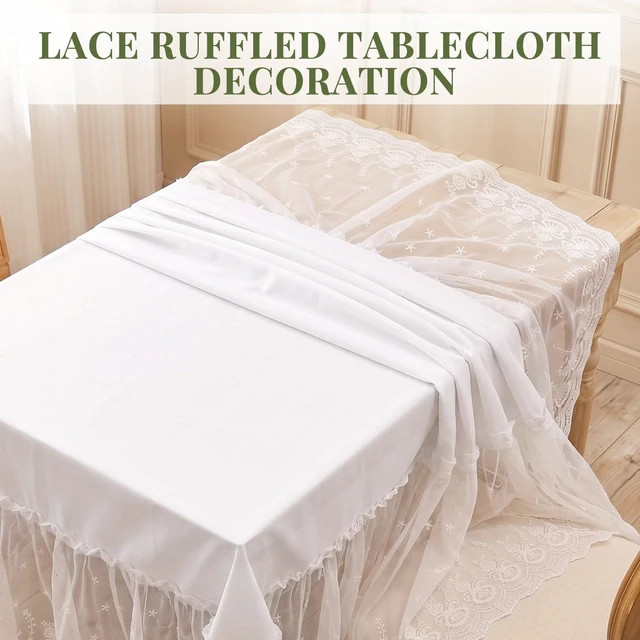 Alt view image 3 of 7 - White Lace Ruffle Tablecloth with Attached Skirt, 52 x 70 in, Small Tables | Recommended Tabletop 28 Inches Wide and 31 to 46 Inches Long, Polyester Top, Floral Embroidery, Wedding and Tea Party Decor