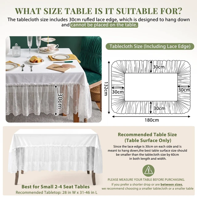 Alt view image 4 of 7 - White Lace Ruffle Tablecloth with Attached Skirt, 52 x 70 in, Small Tables | Recommended Tabletop 28 Inches Wide and 31 to 46 Inches Long, Polyester Top, Floral Embroidery, Wedding and Tea Party Decor