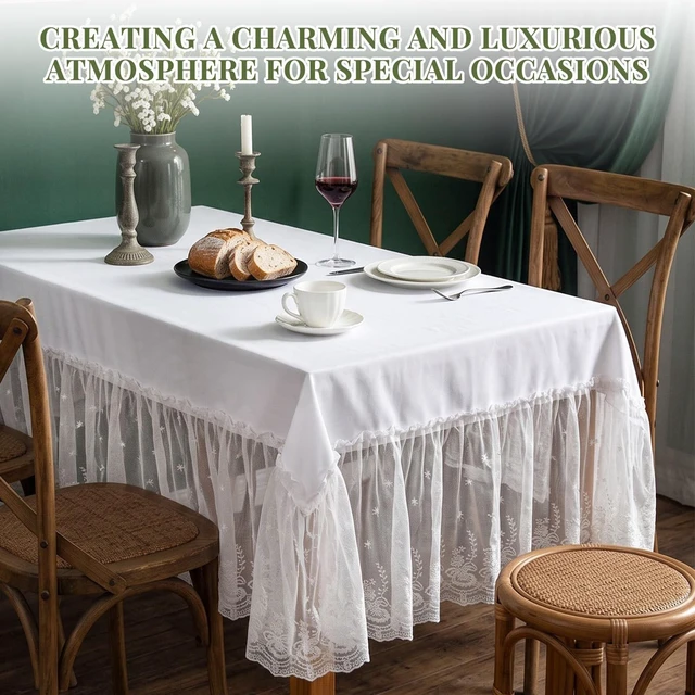 Alt view image 5 of 7 - White Lace Ruffle Tablecloth with Attached Skirt, 52 x 70 in, Small Tables | Recommended Tabletop 28 Inches Wide and 31 to 46 Inches Long, Polyester Top, Floral Embroidery, Wedding and Tea Party Decor