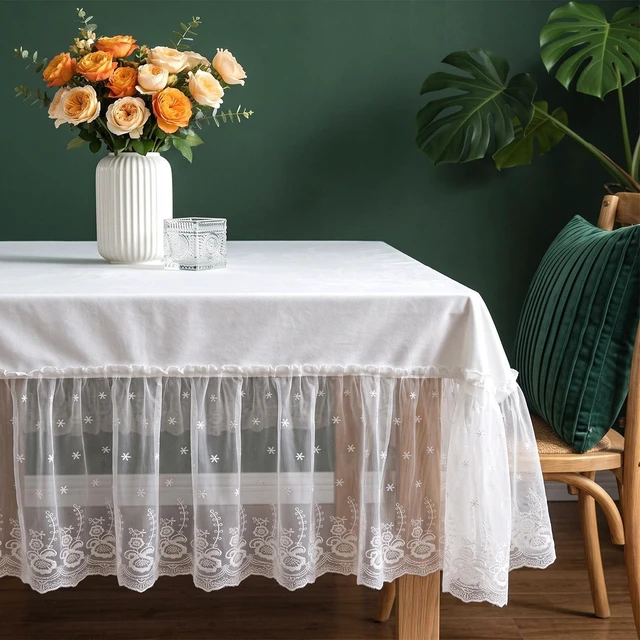 Alt view image 6 of 7 - White Lace Ruffle Tablecloth with Attached Skirt, 52 x 70 in, Small Tables | Recommended Tabletop 28 Inches Wide and 31 to 46 Inches Long, Polyester Top, Floral Embroidery, Wedding and Tea Party Decor