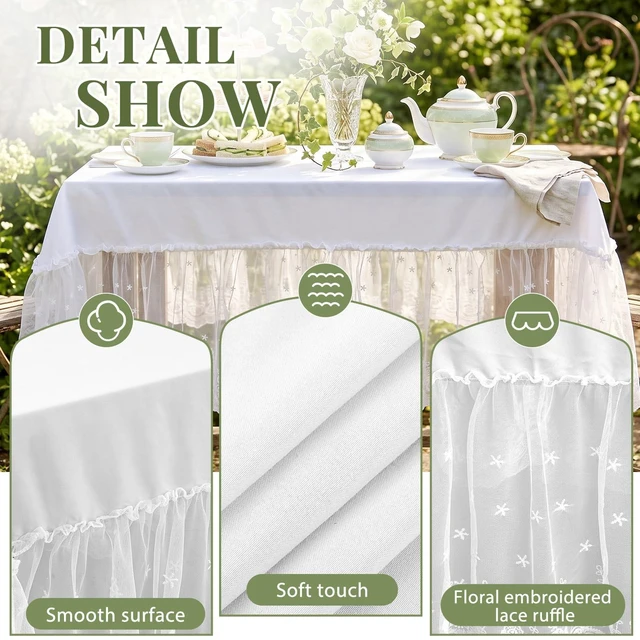 Alt view image 7 of 7 - White Lace Ruffle Tablecloth with Attached Skirt, 52 x 70 in, Small Tables | Recommended Tabletop 28 Inches Wide and 31 to 46 Inches Long, Polyester Top, Floral Embroidery, Wedding and Tea Party Decor