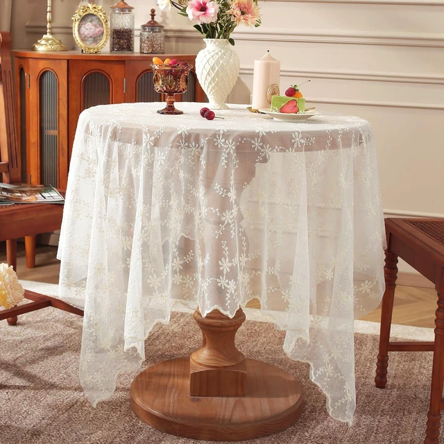 Alt view image 2 of 7 - White Lace Tablecloth 55 x 55 Inch Vintage Beige Floral Embroidered Square Table Cloth Rustic Boho Shabby Chic Wedding Bridal Shower Table Cover Overlay (Beige C,55"x55")