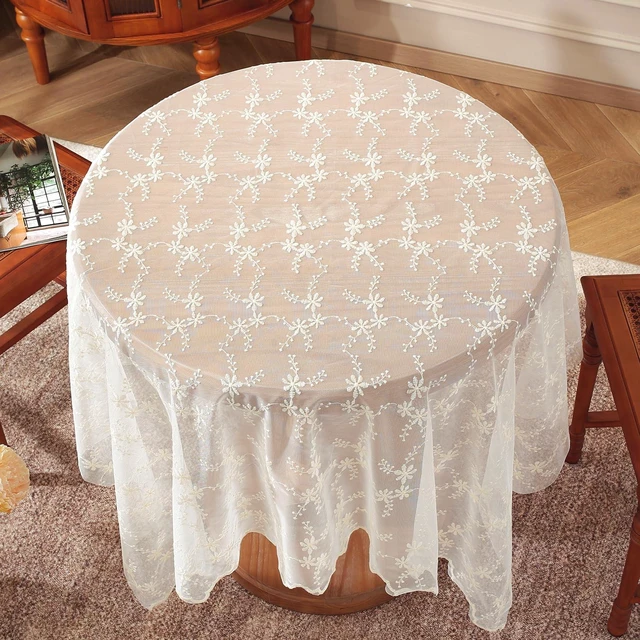 Alt view image 4 of 7 - White Lace Tablecloth 55 x 55 Inch Vintage Beige Floral Embroidered Square Table Cloth Rustic Boho Shabby Chic Wedding Bridal Shower Table Cover Overlay (Beige C,55"x55")