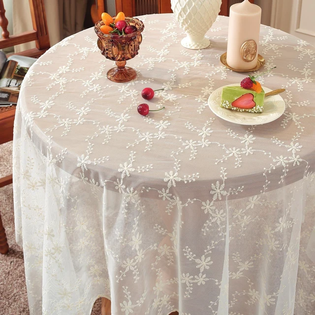 Alt view image 5 of 7 - White Lace Tablecloth 55 x 55 Inch Vintage Beige Floral Embroidered Square Table Cloth Rustic Boho Shabby Chic Wedding Bridal Shower Table Cover Overlay (Beige C,55"x55")
