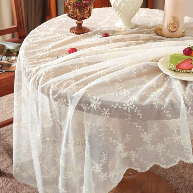 Alt view image 6 of 7 - White Lace Tablecloth 55 x 55 Inch Vintage Beige Floral Embroidered Square Table Cloth Rustic Boho Shabby Chic Wedding Bridal Shower Table Cover Overlay (Beige C,55"x55")