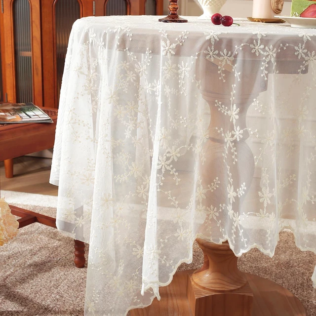 Alt view image 7 of 7 - White Lace Tablecloth 55 x 55 Inch Vintage Beige Floral Embroidered Square Table Cloth Rustic Boho Shabby Chic Wedding Bridal Shower Table Cover Overlay (Beige C,55"x55")