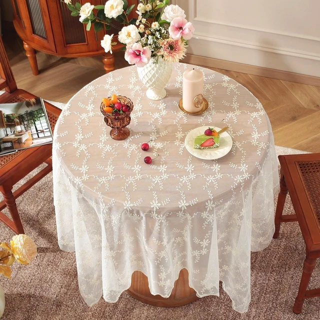 Alt view image 3 of 7 - White Lace Tablecloth 55 x 55 Inch Vintage Beige Floral Embroidered Square Table Cloth Rustic Boho Shabby Chic Wedding Bridal Shower Table Cover Overlay (Beige C,55"x55")