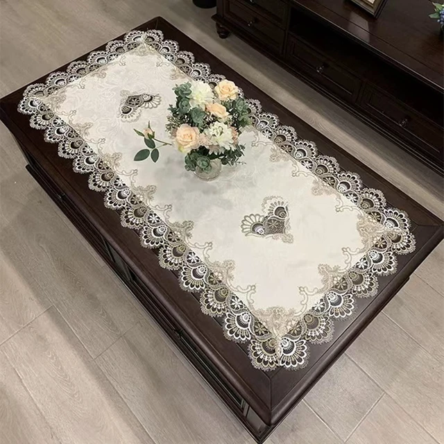 Main image of Beige Embroidered Coffee Table Cover Rectangular Dust Cover (20''X43'')