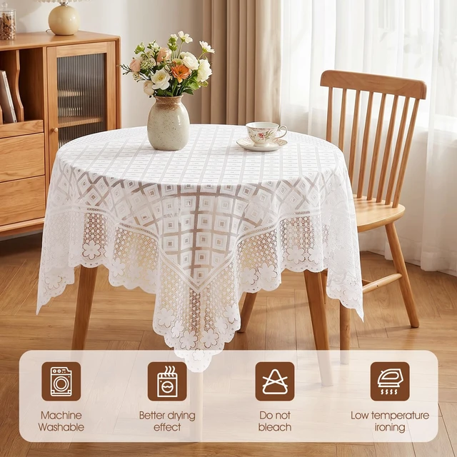 Alt view image 3 of 7 - Lace Tablecloth 35"x35", Square White Lace Table Cloth for Wedding | Vintage Embroidered, Small Square Tablecloth, for Round Coffee Table, Wedding Rectangle Tables Decor
