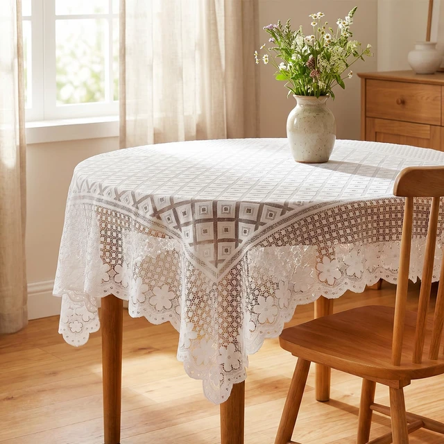 Alt view image 6 of 7 - Lace Tablecloth 35"x35", Square White Lace Table Cloth for Wedding | Vintage Embroidered, Small Square Tablecloth, for Round Coffee Table, Wedding Rectangle Tables Decor