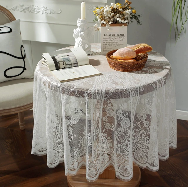 Alt view image 2 of 7 - 60inch White Round Floral Embroidered lace Table Cloths | Vintage Floral Embroidered Table Cover for Wedding Banquet HolidayDinner Tables