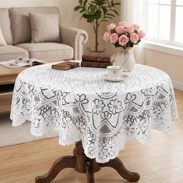 Alt view image 3 of 7 - Square Lace Tablecloth 35x35 Inch, Vintage White Crochet Table Cover for Round Coffee Table, White Laces Embroidered Tablecloth for Wedding Rectangle Tables and Furniture Decor