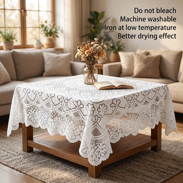 Alt view image 4 of 7 - Square Lace Tablecloth 35x35 Inch, Vintage White Crochet Table Cover for Round Coffee Table, White Laces Embroidered Tablecloth for Wedding Rectangle Tables and Furniture Decor