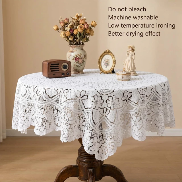 Alt view image 6 of 7 - Square Lace Tablecloth 35x35 Inch, Vintage White Crochet Table Cover for Round Coffee Table, White Laces Embroidered Tablecloth for Wedding Rectangle Tables and Furniture Decor