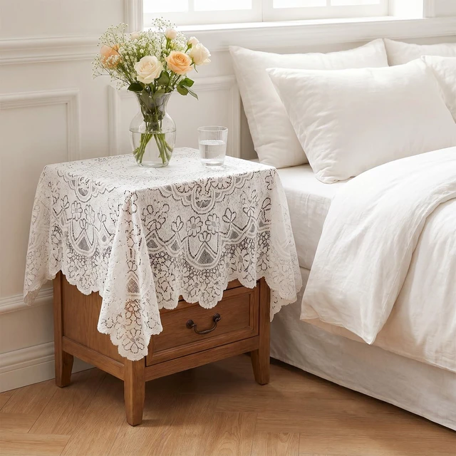 Alt view image 5 of 7 - Square Lace Tablecloth 35x35 Inch, Vintage White Crochet Table Cover for Round Coffee Table, White Laces Embroidered Tablecloth for Wedding Rectangle Tables and Furniture Decor
