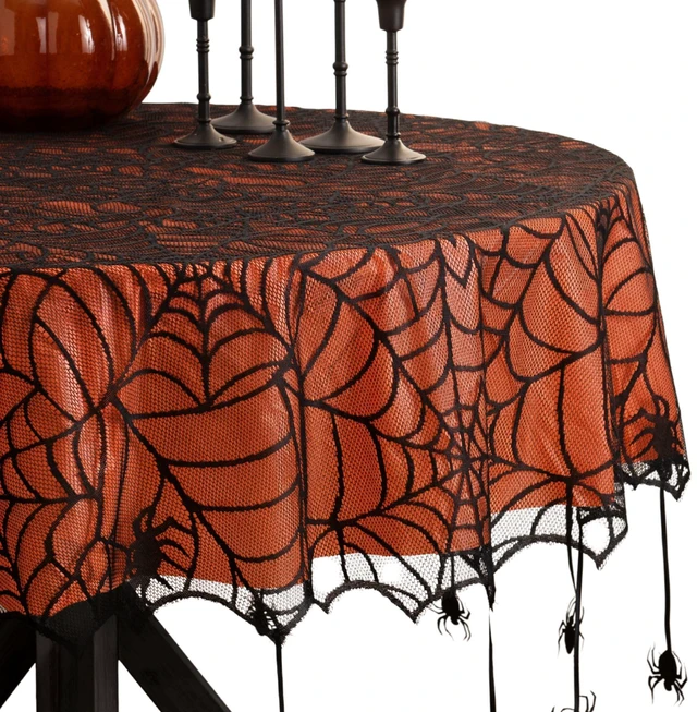 Main image of Crawling Halloween Spider Lace Lined Tablecloth, Black - 70" W x 70" L Round