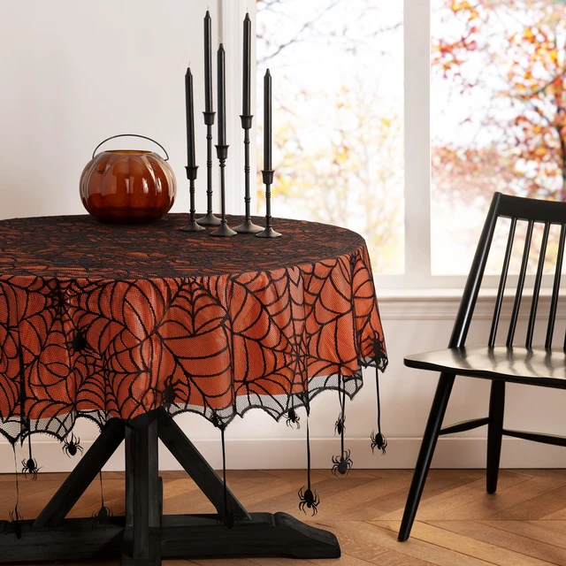 Alt view image 2 of 7 - Crawling Halloween Spider Lace Lined Tablecloth, Black - 70" W x 70" L Round