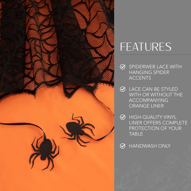 Alt view image 3 of 7 - Crawling Halloween Spider Lace Lined Tablecloth, Black - 70" W x 70" L Round