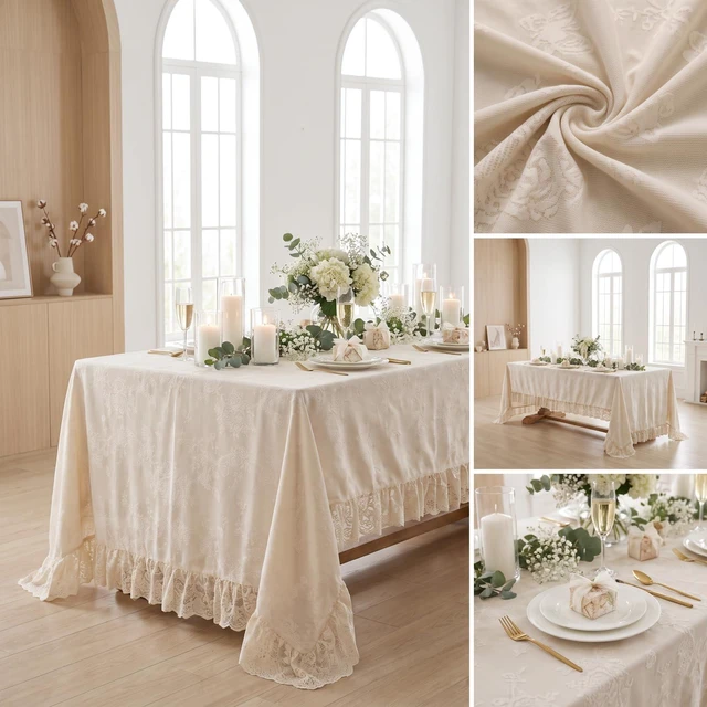 Alt view image 3 of 6 - Cream Vintage Floral Tablecloth, French Farmhouse Ruffled Lace 120" x 60" Oblong Stain & Wrinkle Resistant Fabric