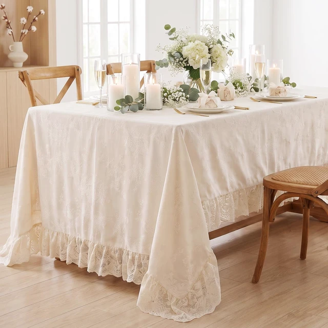 Main image of Cream Vintage Floral Tablecloth, French Farmhouse Ruffled Lace 120" x 60" Oblong Stain & Wrinkle Resistant Fabric