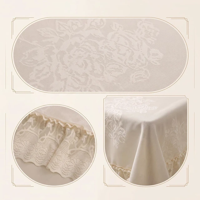 Alt view image 4 of 6 - Cream Vintage Floral Tablecloth, French Farmhouse Ruffled Lace 120" x 60" Oblong Stain & Wrinkle Resistant Fabric