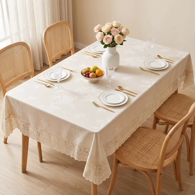 Alt view image 5 of 6 - Cream Vintage Floral Tablecloth, French Farmhouse Ruffled Lace 120" x 60" Oblong Stain & Wrinkle Resistant Fabric