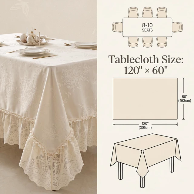Alt view image 2 of 6 - Cream Vintage Floral Tablecloth, French Farmhouse Ruffled Lace 120" x 60" Oblong Stain & Wrinkle Resistant Fabric