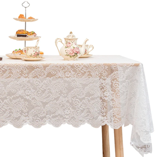 Main image of White Lace Tablecloth 54 X 80 Inches Rectangle Phoenix Tail Flower Embroidered Wedding Table Cloths for Outdoor Party Reception, Dinner Party, Baby Shower, Tea Decorations, Home Decor