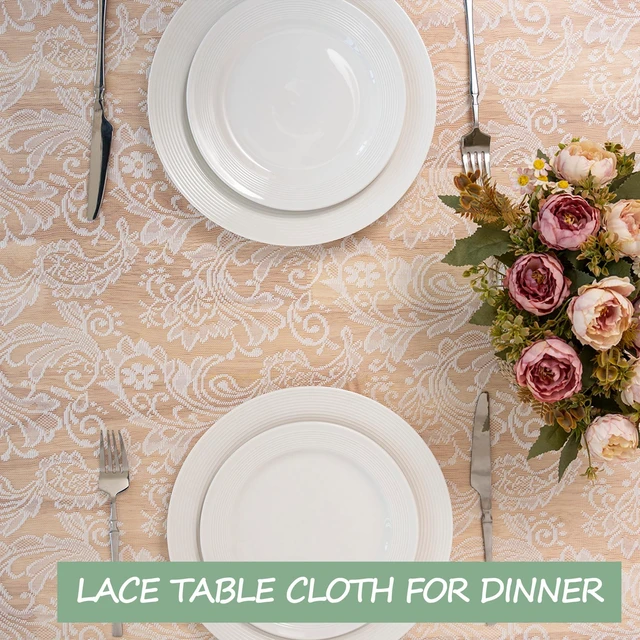 Alt view image 5 of 7 - White Lace Tablecloth 54 X 80 Inches Rectangle Phoenix Tail Flower Embroidered Wedding Table Cloths for Outdoor Party Reception, Dinner Party, Baby Shower, Tea Decorations, Home Decor