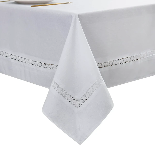 Main image of Heavy Duty Fabric Tablecloth with White Lace-Waterproof/Wrinkle Free/Stain Resistant/Oil Proof-for Dining,Indoor&Outdoor,Wedding,Holiday,White,Rectangle 52x70Inch