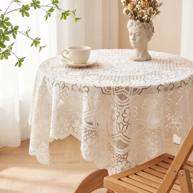 Alt view image 5 of 7 - White Lace Tablecloth 35.4x35.4 Inch Small Square Lace Table Cloth | Vintage Embroidered 90x90cm Tablecloth for Round Coffee Table Wedding Tea Party Home Decor Photo Backdrop