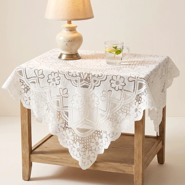 Alt view image 6 of 7 - White Lace Tablecloth 35.4x35.4 Inch Small Square Lace Table Cloth | Vintage Embroidered 90x90cm Tablecloth for Round Coffee Table Wedding Tea Party Home Decor Photo Backdrop