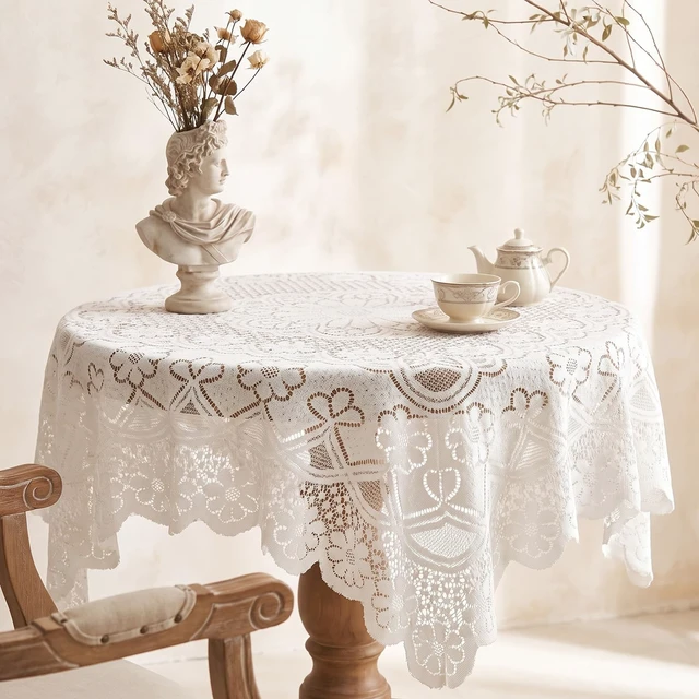 Alt view image 7 of 7 - White Lace Tablecloth 35.4x35.4 Inch Small Square Lace Table Cloth | Vintage Embroidered 90x90cm Tablecloth for Round Coffee Table Wedding Tea Party Home Decor Photo Backdrop
