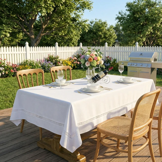 Alt view image 3 of 7 - Heavy Duty Fabric Tablecloth with White Lace-Waterproof/Wrinkle Free/Stain Resistant/Oil Proof-for Dining,Indoor&Outdoor,Wedding,Holiday,White,Rectangle 52x70Inch
