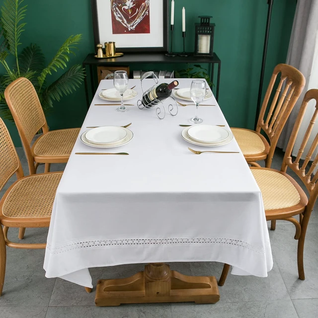 Alt view image 4 of 7 - Heavy Duty Fabric Tablecloth with White Lace-Waterproof/Wrinkle Free/Stain Resistant/Oil Proof-for Dining,Indoor&Outdoor,Wedding,Holiday,White,Rectangle 52x70Inch