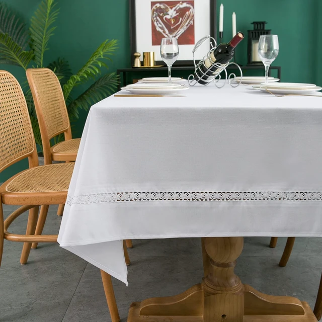 Alt view image 6 of 7 - Heavy Duty Fabric Tablecloth with White Lace-Waterproof/Wrinkle Free/Stain Resistant/Oil Proof-for Dining,Indoor&Outdoor,Wedding,Holiday,White,Rectangle 52x70Inch
