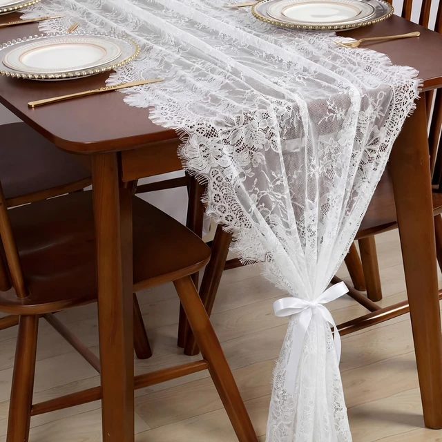Alt view image 5 of 6 - 6 Pcs White Lace Table Runners 30" x 120" Floral Wedding Decor | Vintage Rustic Elegant Table Runners Embroidered Floral Lace Decor for Wedding Party Bridal Shower Baby Shower