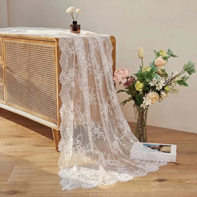 Alt view image 6 of 6 - 6 Pcs White Lace Table Runners 30" x 120" Floral Wedding Decor | Vintage Rustic Elegant Table Runners Embroidered Floral Lace Decor for Wedding Party Bridal Shower Baby Shower