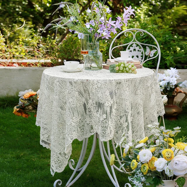 Main image of Lace Embroidered Tablecloth. Square Lace Vintage Tablecloth Dustproof Table Protector for Kitchen Dining Room Party Banquet Home Picnic Wedding Decoration (Creamy White 35.5×35.5 inch)