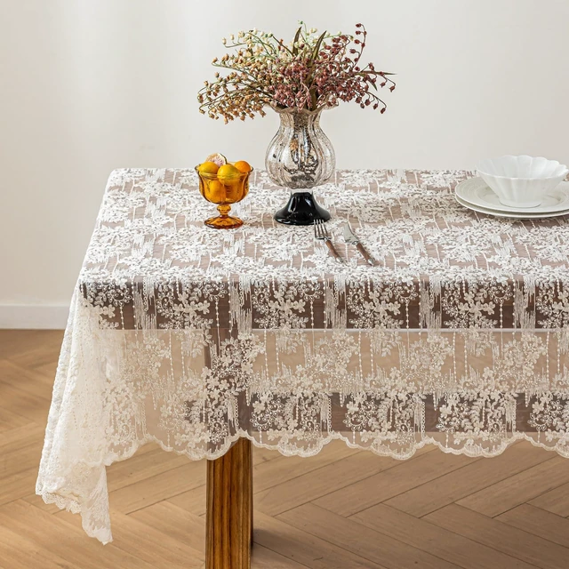 Alt view image 2 of 7 - Lace Embroidered Tablecloth. Square Lace Vintage Tablecloth Dustproof Table Protector for Kitchen Dining Room Party Banquet Home Picnic Wedding Decoration (Creamy White 35.5×35.5 inch)
