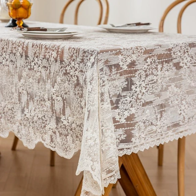 Alt view image 6 of 7 - Lace Embroidered Tablecloth. Square Lace Vintage Tablecloth Dustproof Table Protector for Kitchen Dining Room Party Banquet Home Picnic Wedding Decoration (Creamy White 35.5×35.5 inch)
