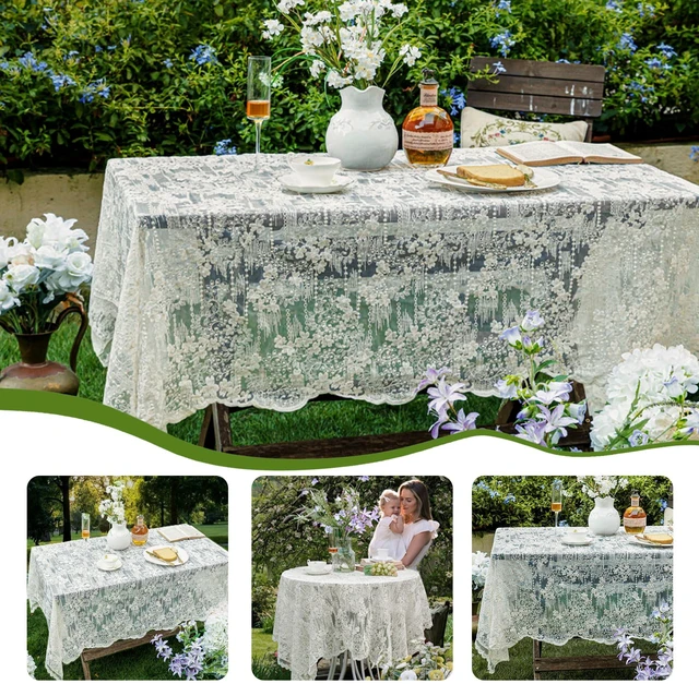 Alt view image 3 of 7 - Lace Embroidered Tablecloth. Square Lace Vintage Tablecloth Dustproof Table Protector for Kitchen Dining Room Party Banquet Home Picnic Wedding Decoration (Creamy White 35.5×35.5 inch)