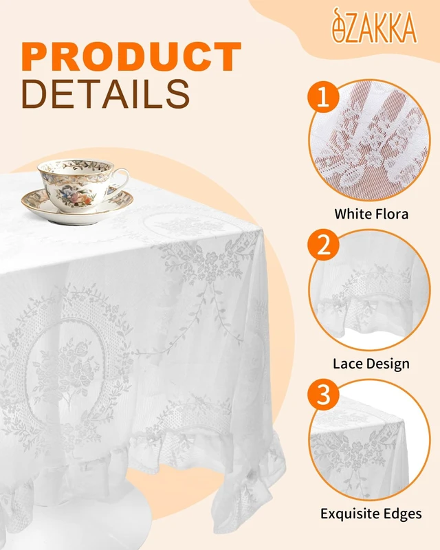 Alt view image 2 of 7 - White Lace Tablecloth, 55 X 55 Inches | Square Vintage Embroidered Bridal Wedding Tablecloths Sheer Overlay for Rustic Outdoor Party Reception Home Decor