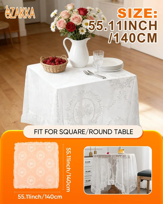 Alt view image 4 of 7 - White Lace Tablecloth, 55 X 55 Inches | Square Vintage Embroidered Bridal Wedding Tablecloths Sheer Overlay for Rustic Outdoor Party Reception Home Decor