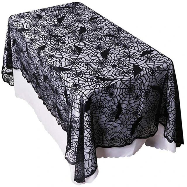 Main image of Rectangular Halloween Tablecloth, Halloween Bat Spider Web Tablecloth Decor | 60" x 104" Black Lace Tablecloth Bat Cobweb Table Cover for Halloween Party Décor Dinner Spooky Meals Decoration
