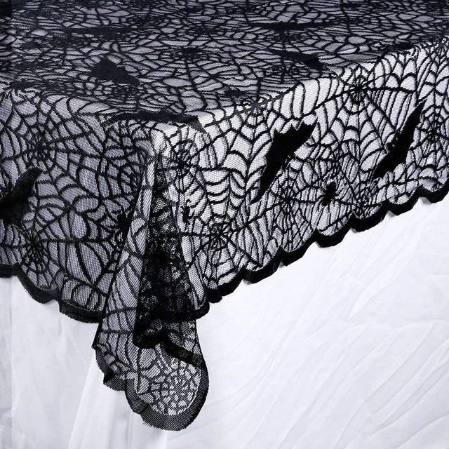 Alt view image 2 of 7 - Rectangular Halloween Tablecloth, Halloween Bat Spider Web Tablecloth Decor | 60" x 104" Black Lace Tablecloth Bat Cobweb Table Cover for Halloween Party Décor Dinner Spooky Meals Decoration